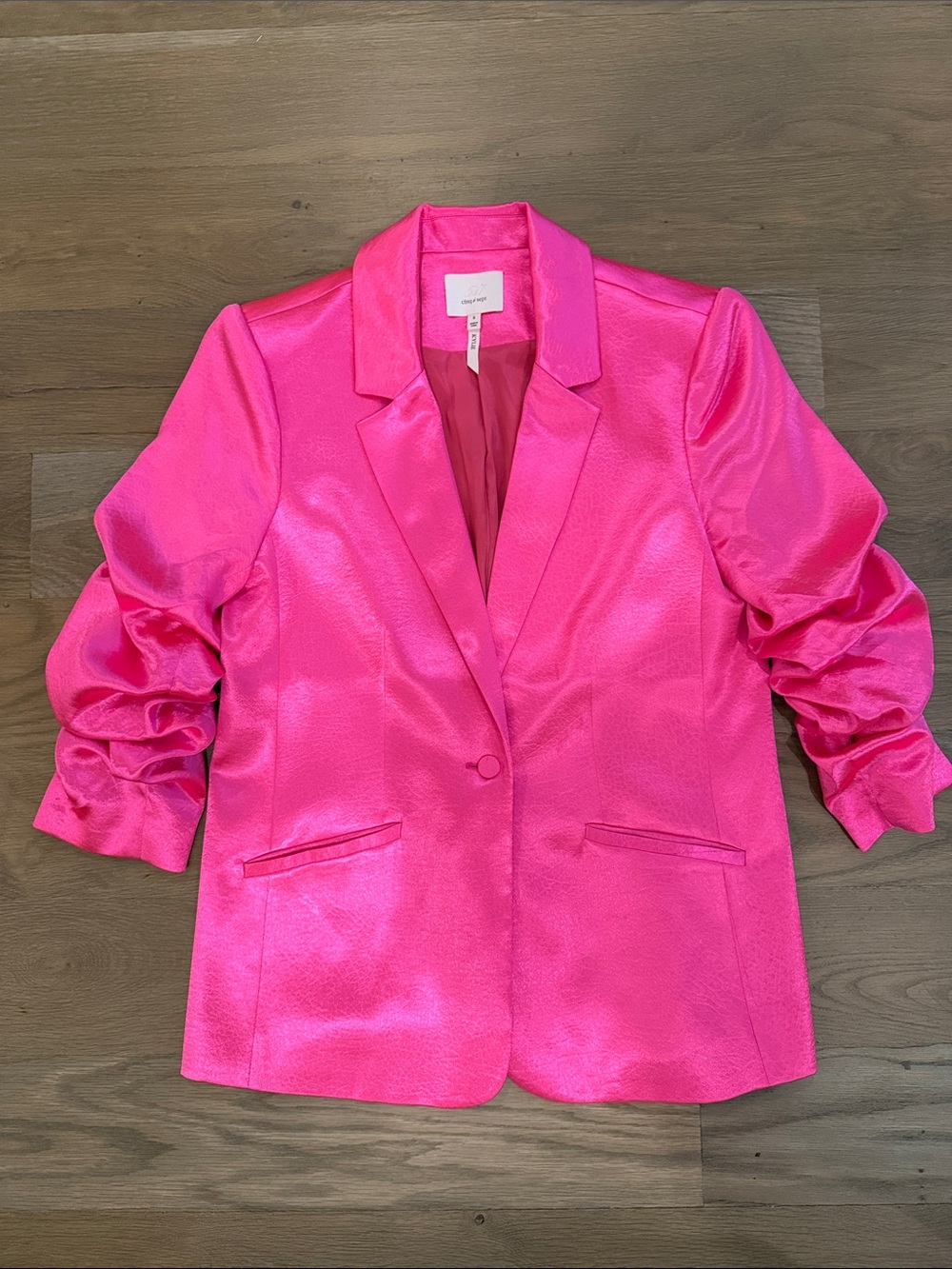 cinq a sept Hot Pink Satin Blazer with Ruched Sleeves